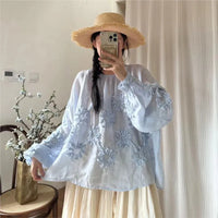 Johnature Three-dimensional Flower Embroidered Top Spring Autumn New Women Cardigan Top Japanese Linen Thin Shirts Sweet