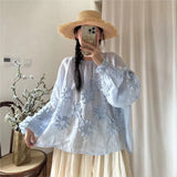 Johnature Three-dimensional Flower Embroidered Top Spring Autumn New Women Cardigan Top Japanese Linen Thin Shirts Sweet