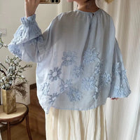 Johnature Three-dimensional Flower Embroidered Top Spring Autumn New Women Cardigan Top Japanese Linen Thin Shirts Sweet
