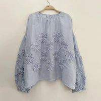 Johnature Three-dimensional Flower Embroidered Top Spring Autumn New Women Cardigan Top Japanese Linen Thin Shirts Sweet