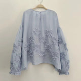 Johnature Three-dimensional Flower Embroidered Top Spring Autumn New Women Cardigan Top Japanese Linen Thin Shirts Sweet