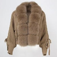 Casual Real Fox Fur Collar Knitted Jacket