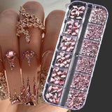 12Grids Pink Mixed Nail Rhinestones Luxury Nail Charms Glitter Crystal Jewelry Gems Nail Art Decoration Manicure Rhinestones R#Q