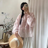 Johnature Three-dimensional Flower Embroidered Top Spring Autumn New Women Cardigan Top Japanese Linen Thin Shirts Sweet
