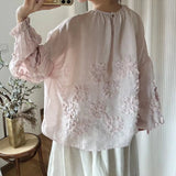 Johnature Three-dimensional Flower Embroidered Top Spring Autumn New Women Cardigan Top Japanese Linen Thin Shirts Sweet