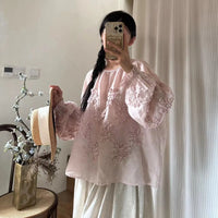 Johnature Three-dimensional Flower Embroidered Top Spring Autumn New Women Cardigan Top Japanese Linen Thin Shirts Sweet