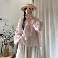 Johnature Three-dimensional Flower Embroidered Top Spring Autumn New Women Cardigan Top Japanese Linen Thin Shirts Sweet