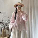 Johnature Three-dimensional Flower Embroidered Top Spring Autumn New Women Cardigan Top Japanese Linen Thin Shirts Sweet