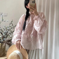 Johnature Three-dimensional Flower Embroidered Top Spring Autumn New Women Cardigan Top Japanese Linen Thin Shirts Sweet