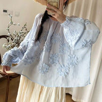 Johnature Three-dimensional Flower Embroidered Top Spring Autumn New Women Cardigan Top Japanese Linen Thin Shirts Sweet