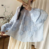 Johnature Three-dimensional Flower Embroidered Top Spring Autumn New Women Cardigan Top Japanese Linen Thin Shirts Sweet