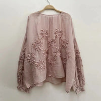 Johnature Three-dimensional Flower Embroidered Top Spring Autumn New Women Cardigan Top Japanese Linen Thin Shirts Sweet