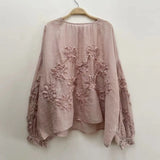 Johnature Three-dimensional Flower Embroidered Top Spring Autumn New Women Cardigan Top Japanese Linen Thin Shirts Sweet