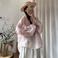 Johnature Three-dimensional Flower Embroidered Top Spring Autumn New Women Cardigan Top Japanese Linen Thin Shirts Sweet
