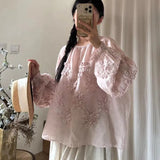 Johnature Three-dimensional Flower Embroidered Top Spring Autumn New Women Cardigan Top Japanese Linen Thin Shirts Sweet