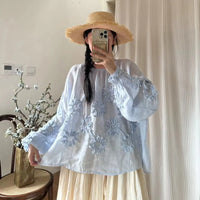 Johnature Three-dimensional Flower Embroidered Top Spring Autumn New Women Cardigan Top Japanese Linen Thin Shirts Sweet