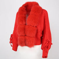 Casual Real Fox Fur Collar Knitted Jacket