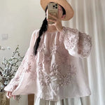 Johnature Three-dimensional Flower Embroidered Top Spring Autumn New Women Cardigan Top Japanese Linen Thin Shirts Sweet