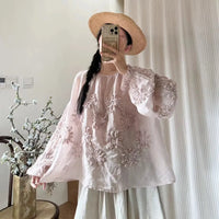 Johnature Three-dimensional Flower Embroidered Top Spring Autumn New Women Cardigan Top Japanese Linen Thin Shirts Sweet