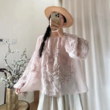 Johnature Three-dimensional Flower Embroidered Top Spring Autumn New Women Cardigan Top Japanese Linen Thin Shirts Sweet