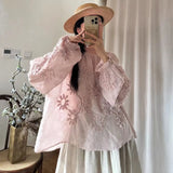 Johnature Three-dimensional Flower Embroidered Top Spring Autumn New Women Cardigan Top Japanese Linen Thin Shirts Sweet