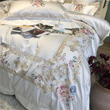 White Blue Pink Luxury Flowers Embroidery 100S/1000TC Egyptian Cotton Palace Bedding Set Duvet Cover Bed sheet/Linen Pillowcases