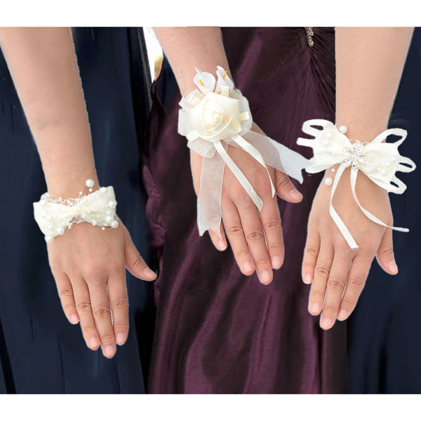 7piece/lot Ribbon Rose Silk Bow Wrist Corsage Bridesmaid Bracelet Flower Hand Wedding Pearl Crystal Flowers On The Wrist PartyHE
