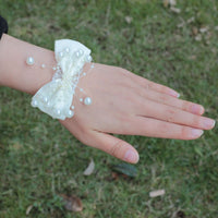 7piece/lot Ribbon Rose Silk Bow Wrist Corsage Bridesmaid Bracelet Flower Hand Wedding Pearl Crystal Flowers On The Wrist PartyHE