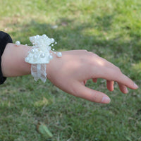 7piece/lot Ribbon Rose Silk Bow Wrist Corsage Bridesmaid Bracelet Flower Hand Wedding Pearl Crystal Flowers On The Wrist PartyHE