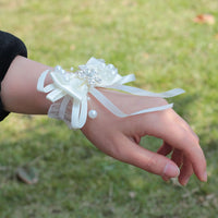 7piece/lot Ribbon Rose Silk Bow Wrist Corsage Bridesmaid Bracelet Flower Hand Wedding Pearl Crystal Flowers On The Wrist PartyHE
