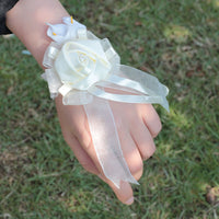 7piece/lot Ribbon Rose Silk Bow Wrist Corsage Bridesmaid Bracelet Flower Hand Wedding Pearl Crystal Flowers On The Wrist PartyHE