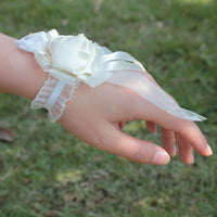 7piece/lot Ribbon Rose Silk Bow Wrist Corsage Bridesmaid Bracelet Flower Hand Wedding Pearl Crystal Flowers On The Wrist PartyHE
