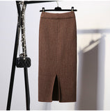 Women Back Slit Bodycon Elegant Midi Pencil Skirt Autumn Winter Casual Knitted Skirt High Waist Skirts Womens Jupe Femme Faldas