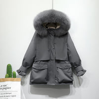 Winter Jacket Women Large Natural Fox Fur White Duck Down Coat Thick Parkas Warm Sash Tie Up Zipper Down Snow Outerwear