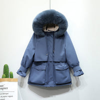 Winter Jacket Women Large Natural Fox Fur White Duck Down Coat Thick Parkas Warm Sash Tie Up Zipper Down Snow Outerwear