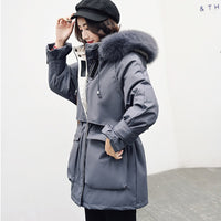 Winter Jacket Women Large Natural Fox Fur White Duck Down Coat Thick Parkas Warm Sash Tie Up Zipper Down Snow Outerwear