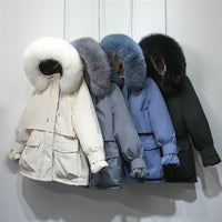 Winter Jacket Women Large Natural Fox Fur White Duck Down Coat Thick Parkas Warm Sash Tie Up Zipper Down Snow Outerwear