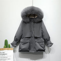 Winter Jacket Women Large Natural Fox Fur White Duck Down Coat Thick Parkas Warm Sash Tie Up Zipper Down Snow Outerwear