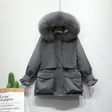 Winter Jacket Women Large Natural Fox Fur White Duck Down Coat Thick Parkas Warm Sash Tie Up Zipper Down Snow Outerwear