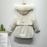 Winter Jacket Women Large Natural Fox Fur White Duck Down Coat Thick Parkas Warm Sash Tie Up Zipper Down Snow Outerwear