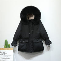 Winter Jacket Women Large Natural Fox Fur White Duck Down Coat Thick Parkas Warm Sash Tie Up Zipper Down Snow Outerwear