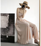 Casual Satin Flare Maxi Wide Leg Pants Women High Waist Solid Thin Loose Chiffon Trousers Summer  Skirt Pants