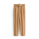 suit pants woman high waist pants sashes pockets office ladies pants fashion middle aged pink yellow pants
