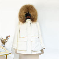 Winter Jacket Women Large Natural Fox Fur White Duck Down Coat Thick Parkas Warm Sash Tie Up Zipper Down Snow Outerwear