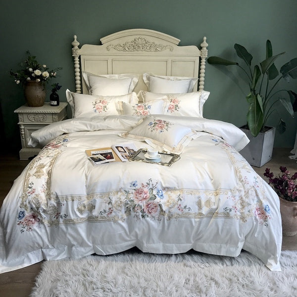 White Blue Pink Luxury Flowers Embroidery 100S/1000TC Egyptian Cotton Palace Bedding Set Duvet Cover Bed sheet/Linen Pillowcases