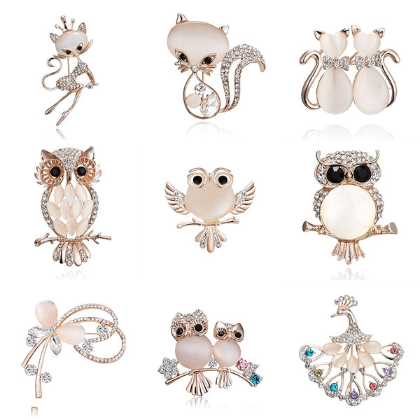 Elegant Crystal Rhinestone Butterfly Peacock Cat Owl Opal Stone Animal Brooches Pin for Women Suit Brooch Clothing Buckle