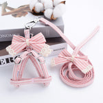Pink Stripe Dog Collars And Harnesses Cotton Bows Girl Boy Pet Leash Set Outdoor Walking For Chihuahua S M Accessories