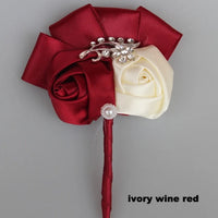 Best Man Groom Boutonniere Ivory Wine Red Satin Rose Flower Corsage Wedding Party Prom Man Suit Brooch Flowers de novia