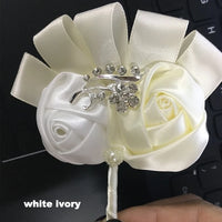 Best Man Groom Boutonniere Ivory Wine Red Satin Rose Flower Corsage Wedding Party Prom Man Suit Brooch Flowers de novia