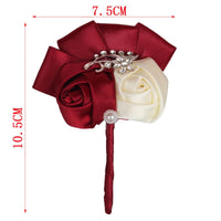 Best Man Groom Boutonniere Ivory Wine Red Satin Rose Flower Corsage Wedding Party Prom Man Suit Brooch Flowers de novia